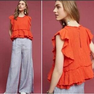 Anthropologie Maeve Top Size Medium Red Orange Cascade Tiered Ruffle Shell